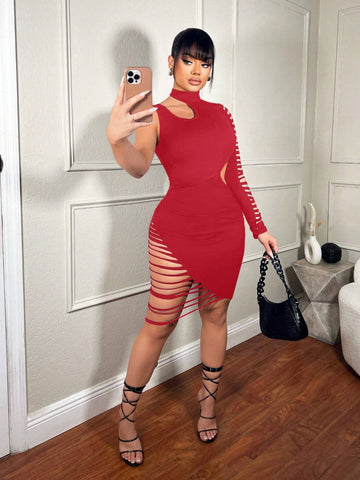 Women's Sexy Street Fashionable Hollow Out One Shoulder High Slit Bodycon Dress