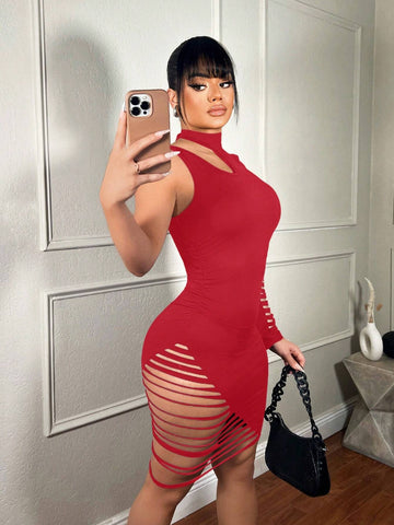 Women's Sexy Street Fashionable Hollow Out One Shoulder High Slit Bodycon Dress