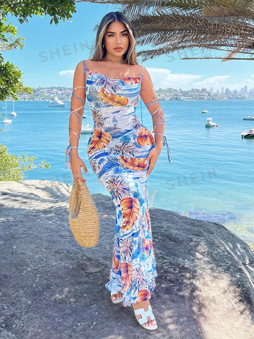 Women's Sexy Vacation Tropical Print Lace Up Backless Ruched Mesh Sheer Illusion Mermaid Hem Maxi Dress For Summer