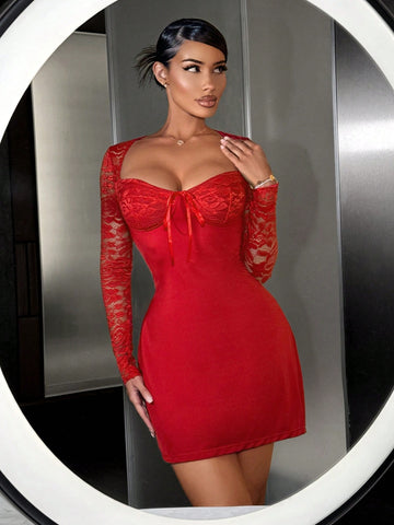 SXY Women's Sexy Valentine's Day Heart-Shaped Collar Lace Splicing Dating Dress