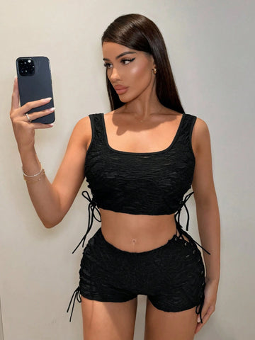 Women's Sexy Vest & Shorts Set With Straps And Textured Fabric