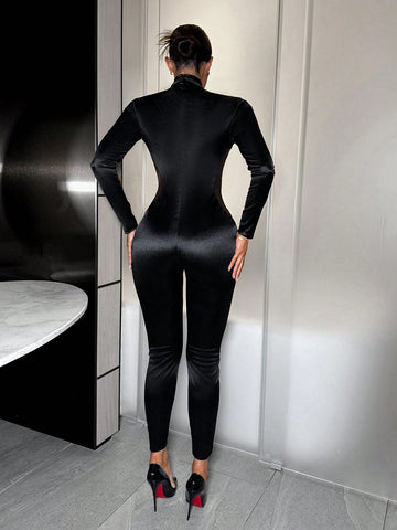 Women's Sheer Insert Long Sleeve Bodysuit Jumpsuit