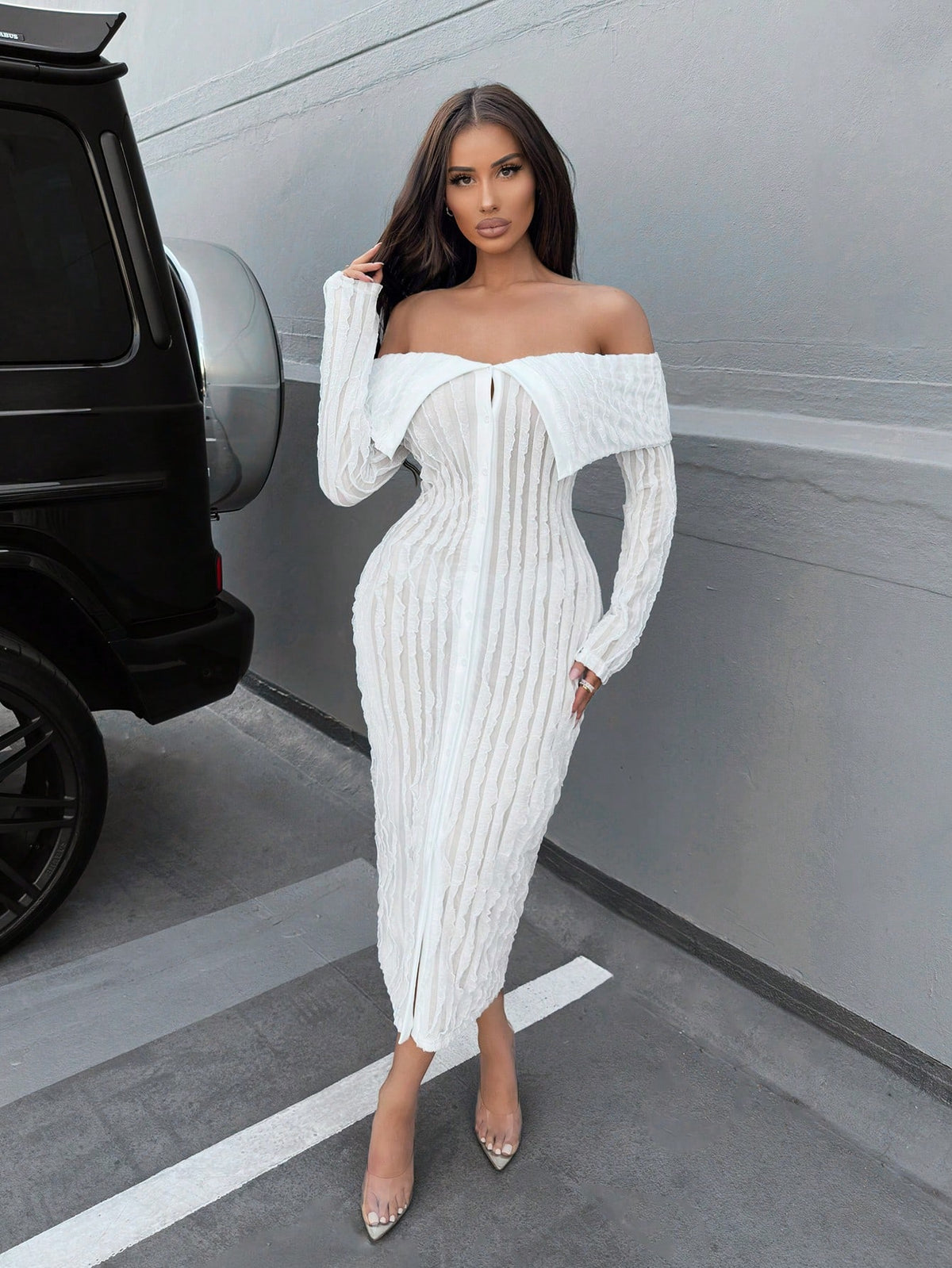 SXY Women's Shirred Off Shoulder Ruffle Hem A-Line Dress