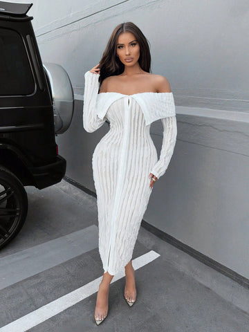 SXY Women's Shirred Off Shoulder Ruffle Hem A-Line Dress