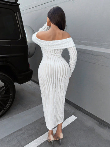 SXY Women's Shirred Off Shoulder Ruffle Hem A-Line Dress