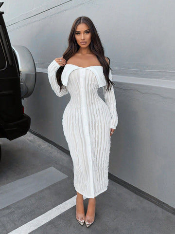 SXY Women's Shirred Off Shoulder Ruffle Hem A-Line Dress