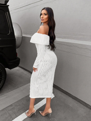 SXY Women's Shirred Off Shoulder Ruffle Hem A-Line Dress