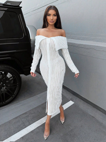 SXY Women's Shirred Off Shoulder Ruffle Hem A-Line Dress