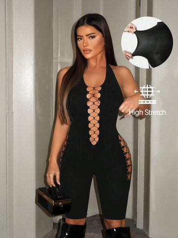 Women's Sleeveless Fishnet Splice Bodysuit Shorts Suitable For Club