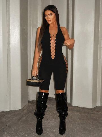 Women's Sleeveless Fishnet Splice Bodysuit Shorts Suitable For Club