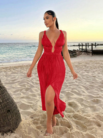 Women's Sleeveless Pleated Fabric Deep V-Neck Long Summer Beach Swing Sexy Dress