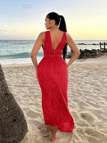Women's Sleeveless Pleated Fabric Deep V-Neck Long Summer Beach Swing Sexy Dress