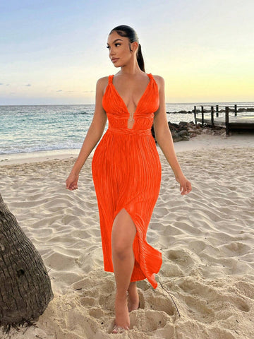 Women's Sleeveless Pleated Fabric Deep V-Neck Long Summer Beach Swing Sexy Dress