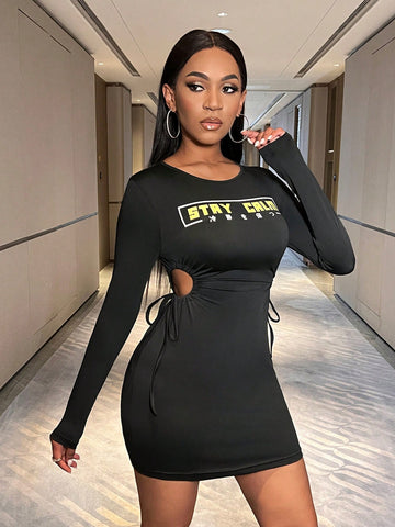 Women's Slim Fit Dress With Letter Print, Hollow Out Sides