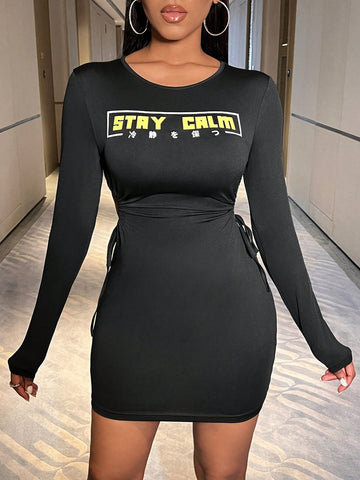 Women's Slim Fit Dress With Letter Print, Hollow Out Sides