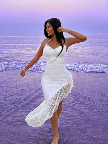 Women's Solid Color Asymmetrical Hem Halter Lace Dress