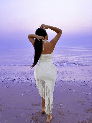 Women's Solid Color Asymmetrical Hem Halter Lace Dress