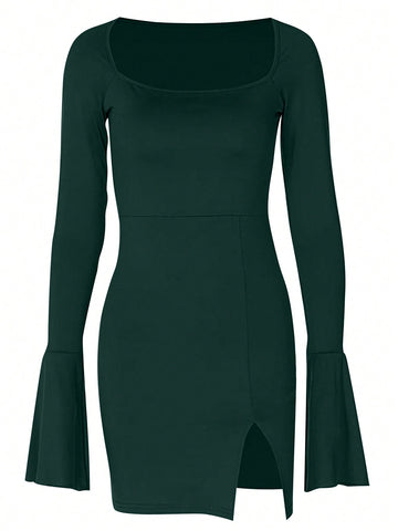 Women's Solid Color Bodycon Dress With Split Bell Sleeves