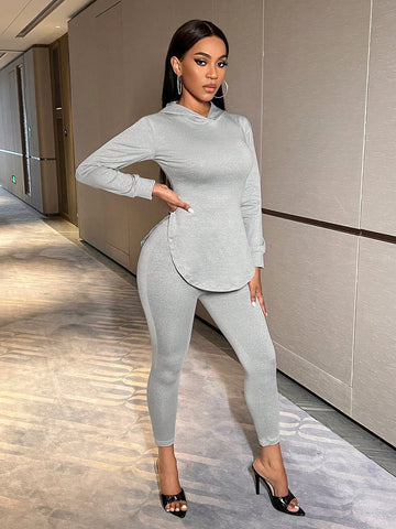 Women's Solid Color Curved Hem Hoodie And Pants Two Piece Set