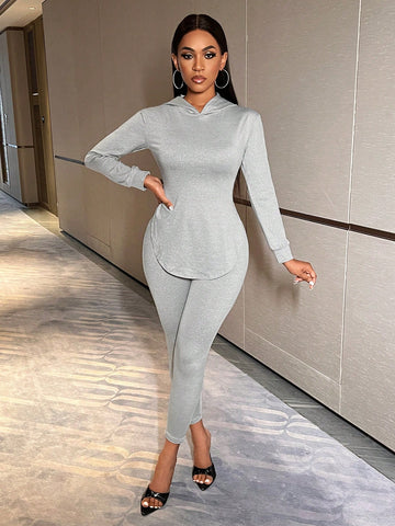 Women's Solid Color Curved Hem Hoodie And Pants Two Piece Set