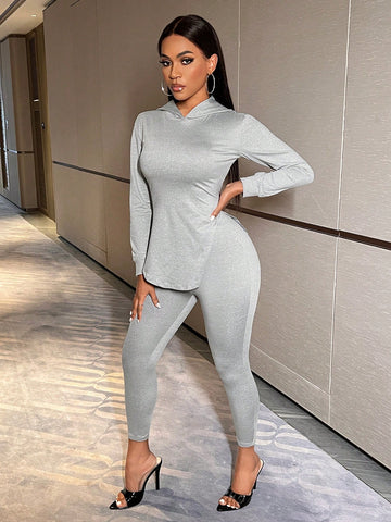 Women's Solid Color Curved Hem Hoodie And Pants Two Piece Set