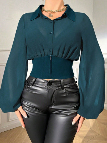 Women's Solid Color Front Button Long Sleeve Simple Casual Cropped Shirt