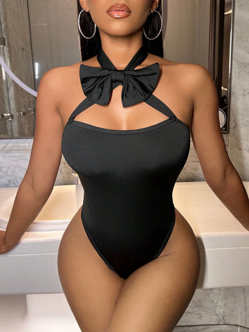 Women's Solid Color Halter Neck Bodysuit With Bowknot Decoration
