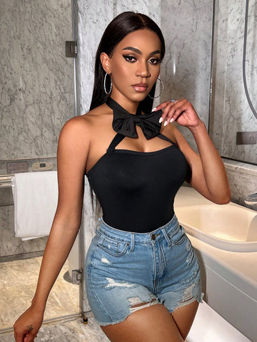 Women's Solid Color Halter Neck Bodysuit With Bowknot Decoration