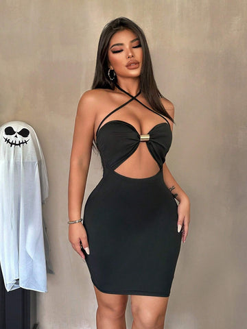 Women's Solid Color Halter Neck Hollow Out Sleeveless Sexy Dress