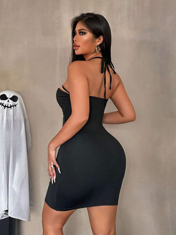 Women's Solid Color Halter Neck Hollow Out Sleeveless Sexy Dress