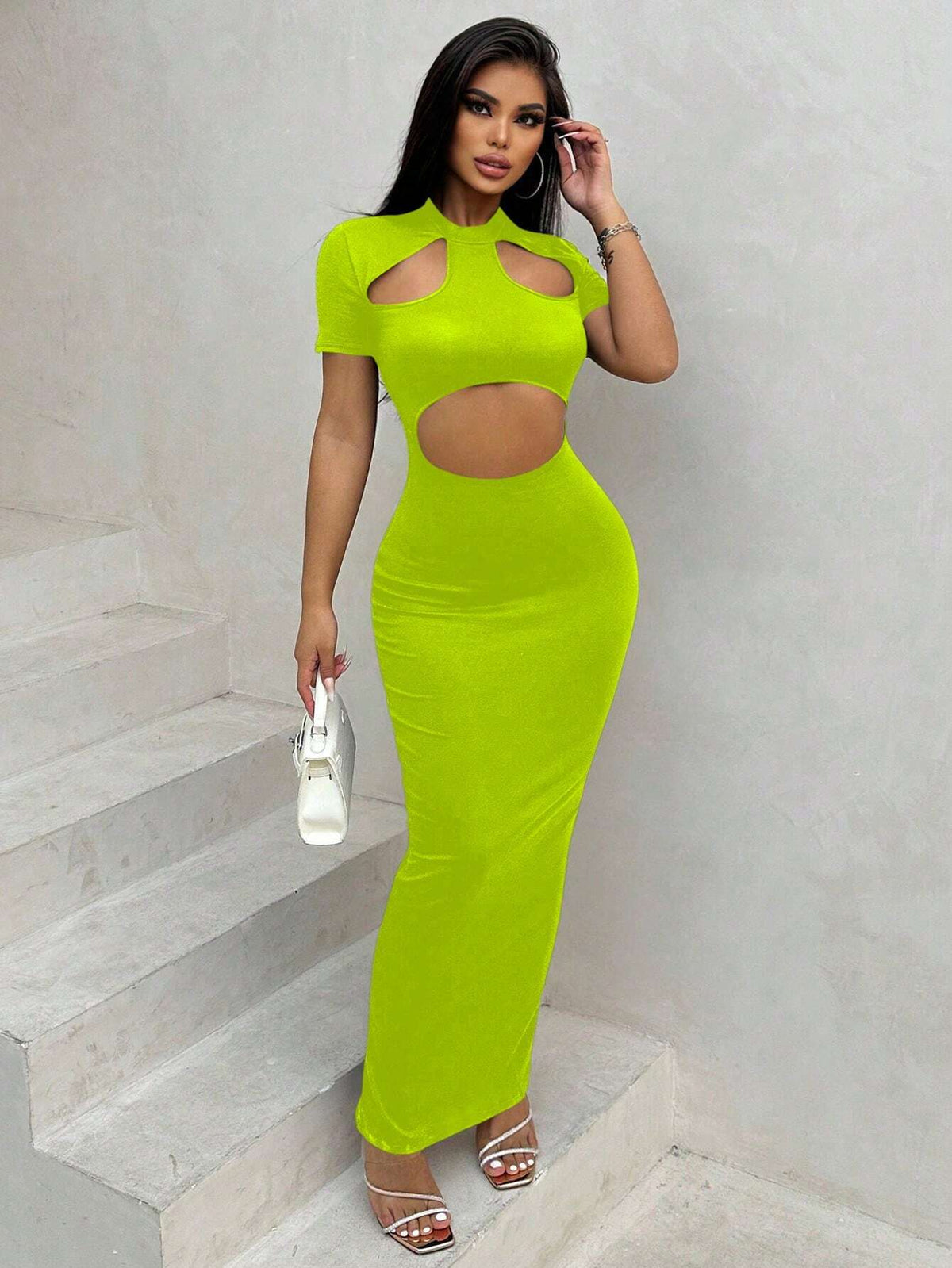 Women's Solid Color Hollow Out Design Slim Fit Long Dress