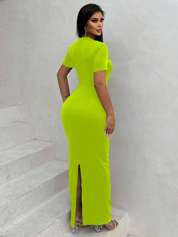 Women's Solid Color Hollow Out Design Slim Fit Long Dress