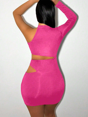 Women's Solid Color Hollow Out Irregular Shoulder Fitted Dress