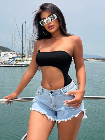 Women's Solid Color Hollow Out Waist Sexy Bodysuit For Vacation