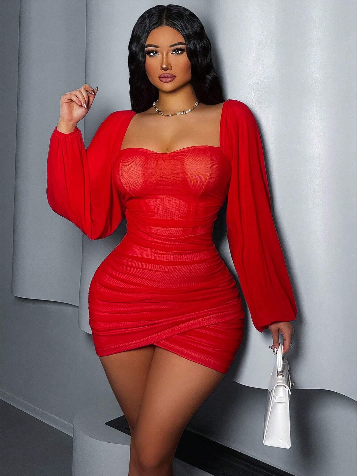 Women's Solid Color Mesh Ruched Asymmetric Hem Skirt