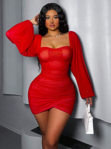 Women's Solid Color Mesh Ruched Asymmetric Hem Skirt
