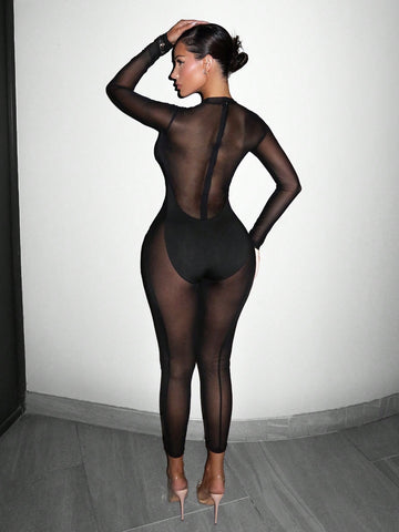 Women's Solid Color Mesh Splice Bodysuit Jumpsuit