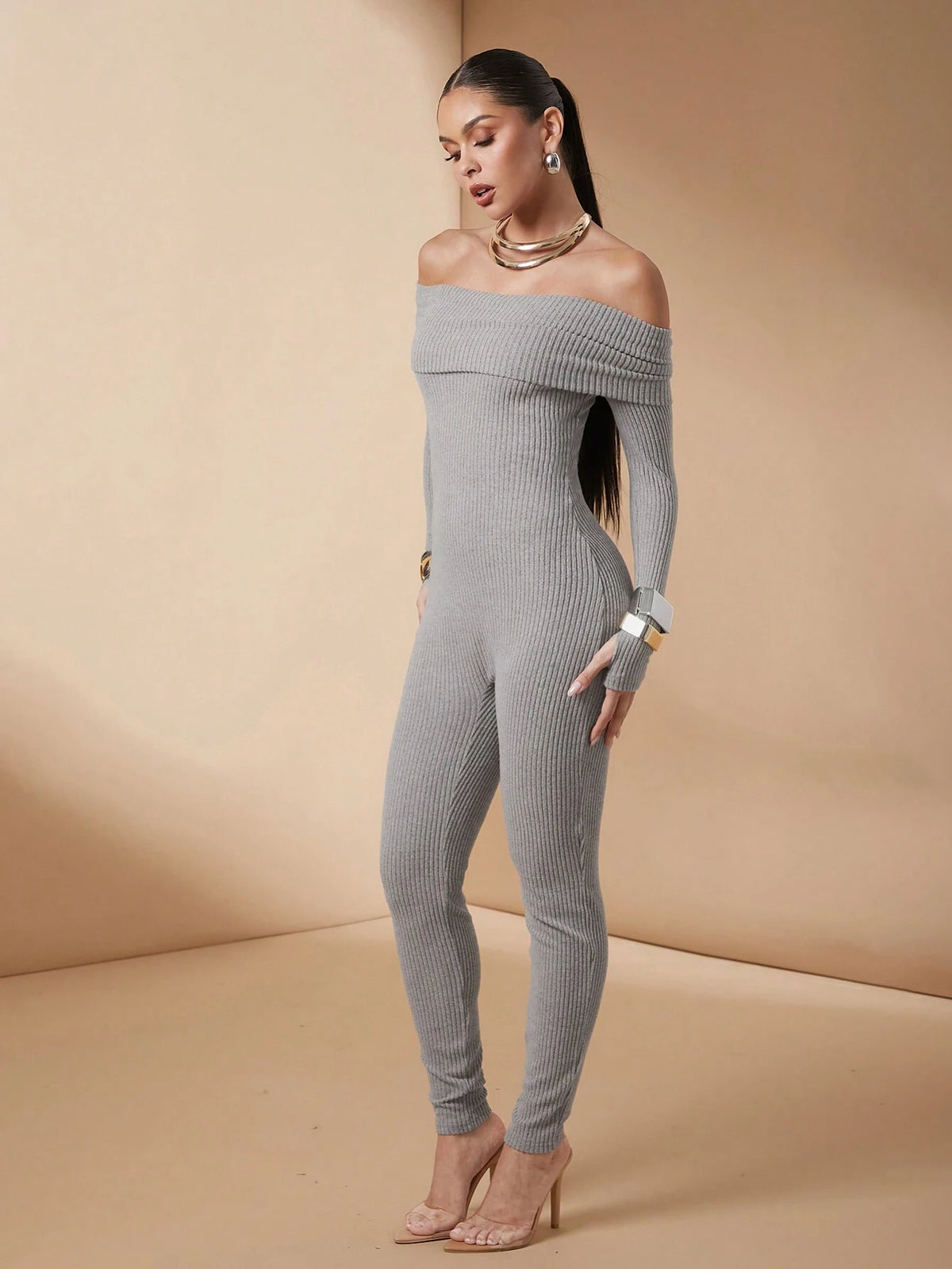 Women's Solid Color Off-Shoulder Knit Fleece Jumpsuit, Autumn & Winter