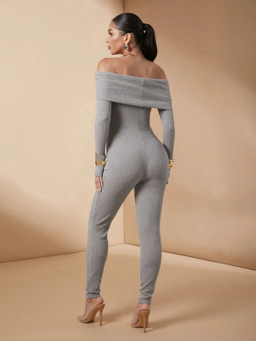 Women's Solid Color Off-Shoulder Knit Fleece Jumpsuit, Autumn & Winter
