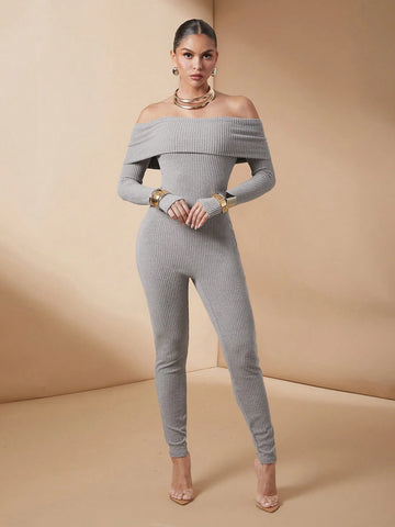 Women's Solid Color Off-Shoulder Knit Fleece Jumpsuit, Autumn & Winter