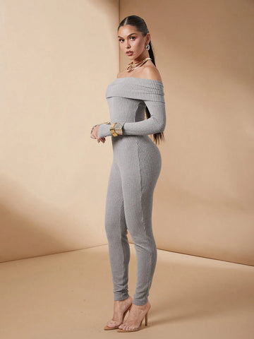 Women's Solid Color Off-Shoulder Knit Fleece Jumpsuit, Autumn & Winter