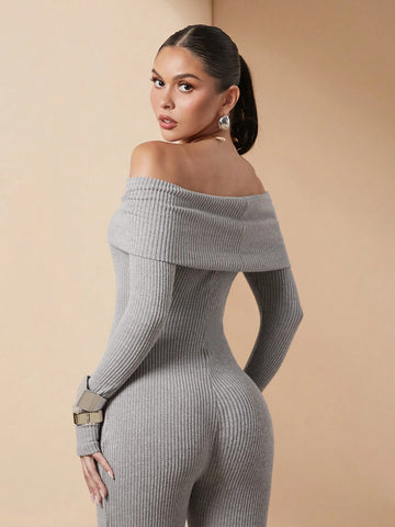 Women's Solid Color Off-Shoulder Knit Fleece Jumpsuit, Autumn & Winter