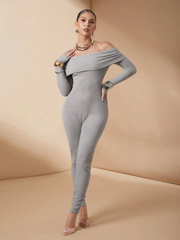 Women's Solid Color Off-Shoulder Knit Fleece Jumpsuit, Autumn & Winter
