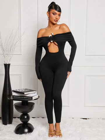 Women's Solid Color Off-Shoulder Long Sleeve Cut-Out Sexy Bodycon Jumpsuit