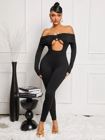 Women's Solid Color Off-Shoulder Long Sleeve Cut-Out Sexy Bodycon Jumpsuit