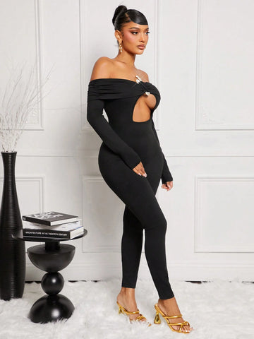 Women's Solid Color Off-Shoulder Long Sleeve Cut-Out Sexy Bodycon Jumpsuit