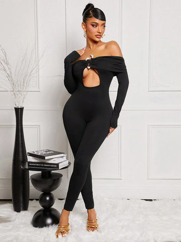Women's Solid Color Off-Shoulder Long Sleeve Cut-Out Sexy Bodycon Jumpsuit