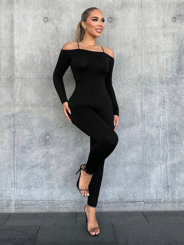 Women's Solid Color Off Shoulder Fitted Jumpsuits