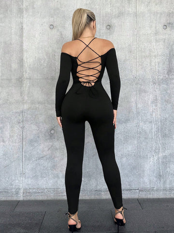 Women's Solid Color Off Shoulder Fitted Jumpsuits