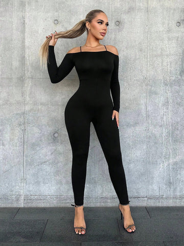 Women's Solid Color Off Shoulder Fitted Jumpsuits